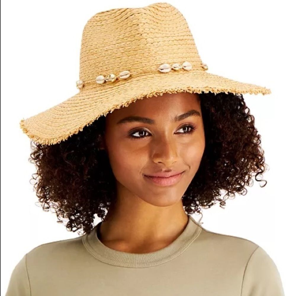 NWT INC Frayed-Edge Panama Hat With Shell Band